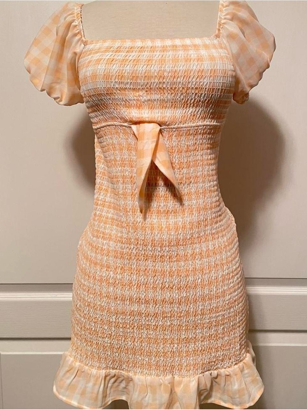 Smocked Peach Gingham Mini Dress with Puff Sleeves